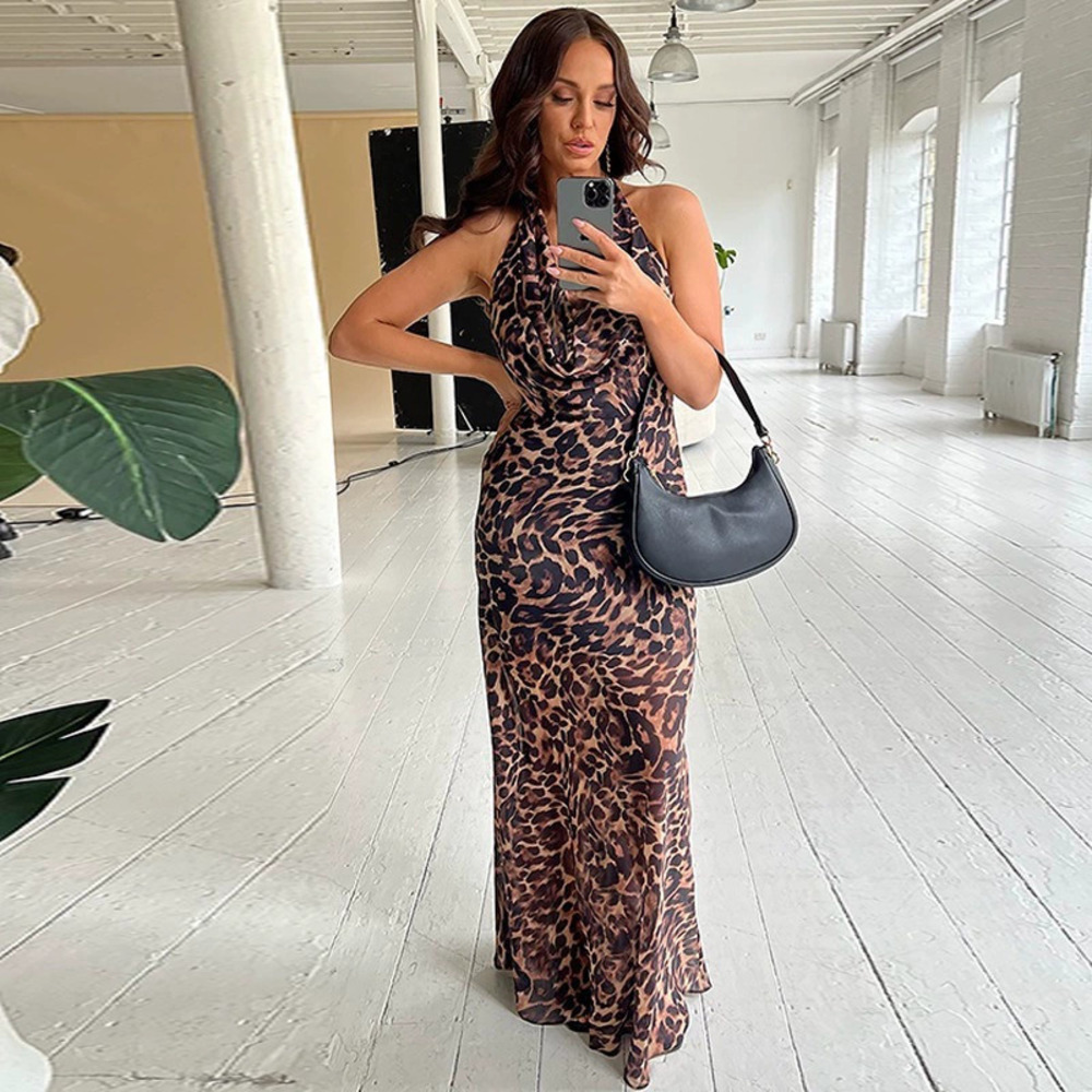 ZARA Women Sexy Leopard Print Halter Backless Strap Sleeveless Summer Maxi Dress